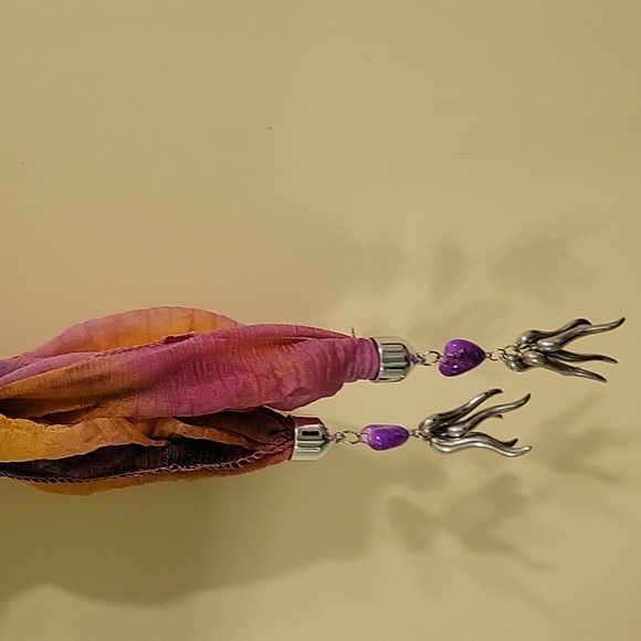 Pink and black swirly print long scarf with silver metal and purple tassels - Picture 4 of 5